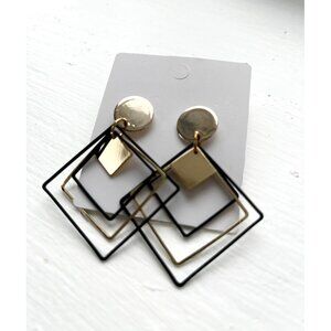 Modern Geometric Square Earrings – Black/Gold Metal Dangle – New